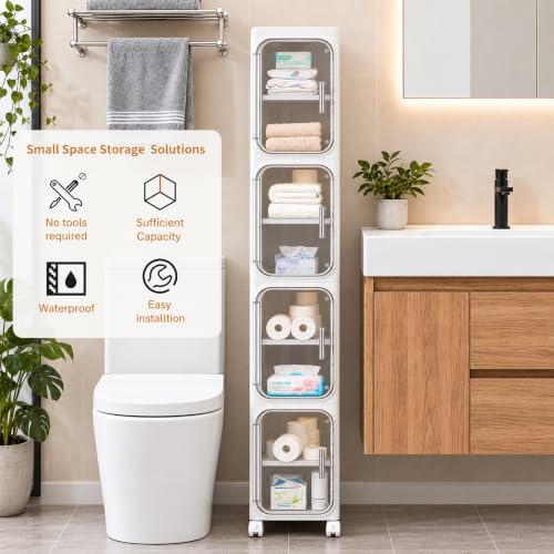 Narrow Slim Bathroom Storage Cabinet with Wheels - 4-Tier White, Foldable & Adjustable Shelves