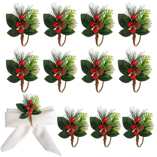 Getfitsoo Christmas Pinecone Napkin Rings Set of 12 with Berry Leaves - Rustic Holiday Table Decor