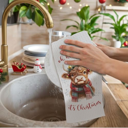 ChissNook Winter Highland Cow Christmas Kitchen Towels Set of 2 - 16x24 Inches
