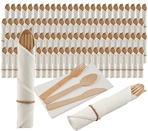 Aowutus 100 Pack Bamboo Cutlery & Napkin Set - Eco-Friendly Disposable Utensils for Parties & Events