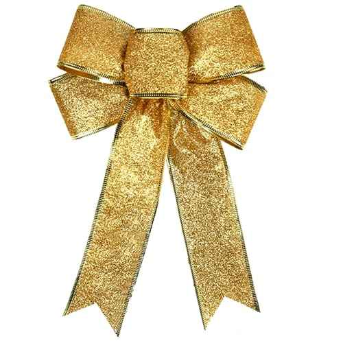 Glitter Christmas Bows Decor - 7.1x16.2 in Gold Bow Ornaments for Christmas Tree & Wreaths - Xmas Decorations for Home & Party