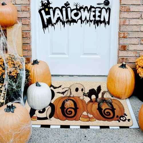Baccessor Halloween Pumpkins Welcome Doormat 17x29 Inch, Boo Ghost Black Cat Decorative Front Door Mat Non Slip Rubber Backing Fall Seasonal Entryway Floor Decoration