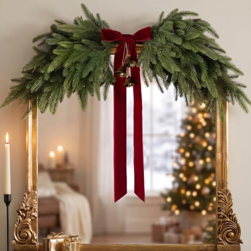Christmas Garland with Red Velvet Bow and Bells, Artificial Pine
