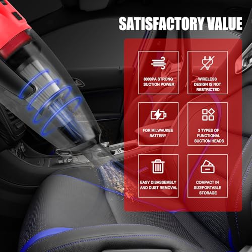 Cordless Handheld Vacuum Cleaner for Milwaukee 18V Battery - Red, Tool Only, Pet Hair & Car Use