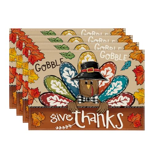 Artoid Mode Turkey Give Thanks Thanksgiving Placemats 12x18 in - Set of 4 Brown