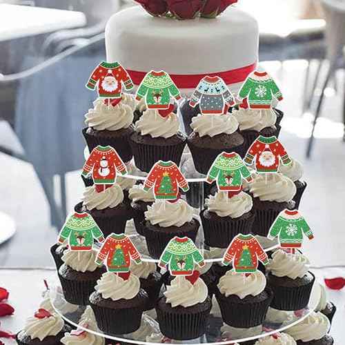 Rsstarxi 36 Pack Ugly Sweater Cupcake Toppers Deer Santa Claus Christmas Cupcake Picks Decoration Ugly Sweater Party Cake Decorations for Merry Christmas Xmas Party Decorations