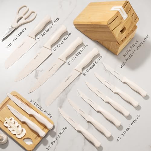 15-Piece Kitchen Knife Set with Sharpener Block - German Stainless Steel, Anti-Rust, Dishwasher Safe, Elegant Cream White