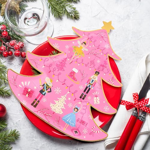 Whaline Pink Nutcracker Christmas Paper Plates 40Pcs - Tree Foil Holiday Party Dinnerware