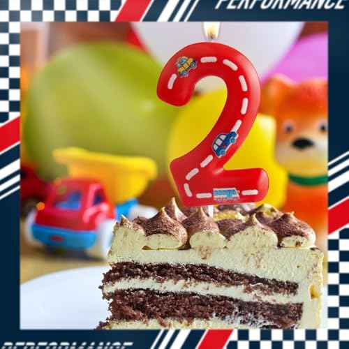 Racing Cars Birthday Candles,Red and White Stripes Number 2 Candles,Happy Birthday Candle Cars Cake Topper for Boys Girls Racing Car Traffic Theme Party Supplies Birthday Gifts