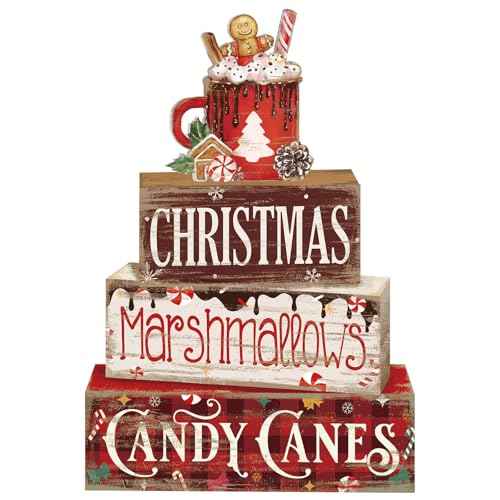 4 Pcs Christmas Hot Cocoa Table Decor Christmas Wooden Decorative Signage Hot Cocoa Tiered Tray Decor Xmas Centerpieces Farmhouse Wooden Block Set Xmas Table Sign for Home