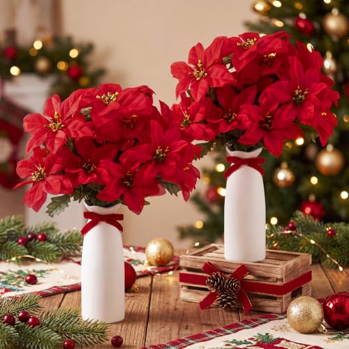 Yuefunny 2-Piece Red Christmas Poinsettia Picks with White Vase - Holiday Decor