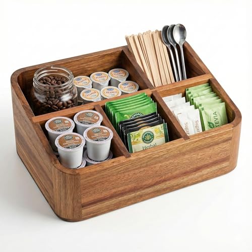 Acacia Wood Coffee Station Organizer with 5 Compartments for Kitchen Countertop and Office