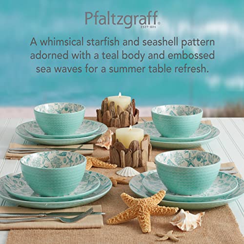 Stoneware Dinnerware Set for 4 - Aqua White Coastal Design, Microwave Safe