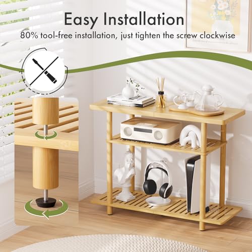 Natural Bamboo Small TV Stand for Up to 32 Inch - 3-Tier Entryway Console Shelf