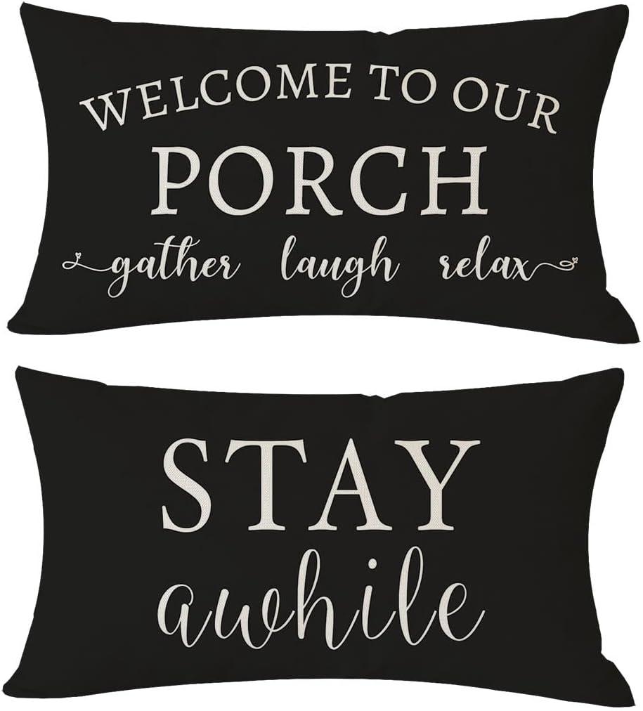 PANDICORN Outdoor Lumbar Throw Pillow Covers - Cozy Black and White Farmhouse Design | 12x20 Inch Set of 2