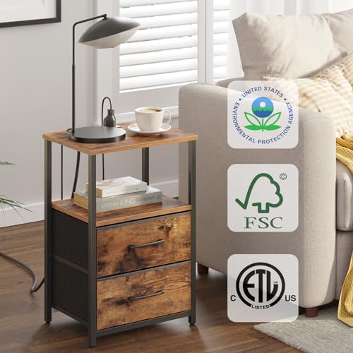 Set of 2 Nightstands with Charging Station Brown - End Tables with USB & AC Outlets