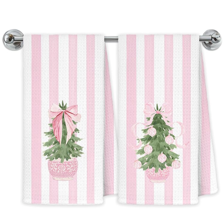 Exqcom Tree Towels-f Pink Chinoiserie Christmas Kitchen Towels, 16x24 in Set of 2