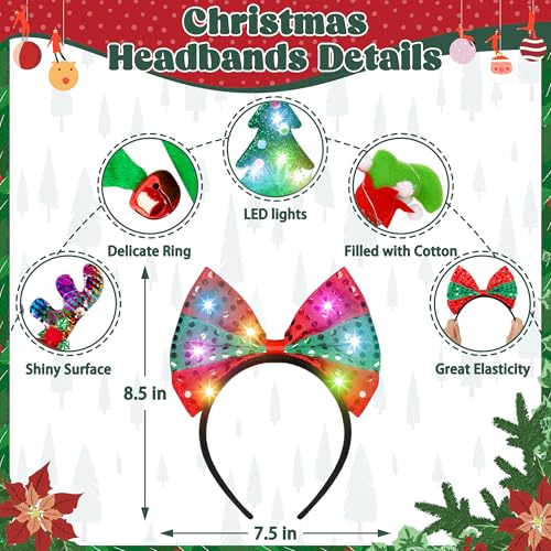 8 Pcs Light Up Christmas Headbands with LED Lights for Holiday Parties