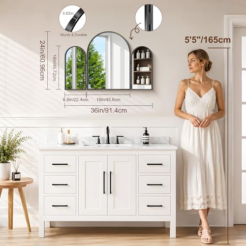 GLASHOM Black 36 x 24 Inch Arched Tri-Fold Vanity Mirror - Wall Mount/Tabletop