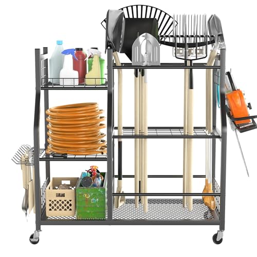 TORACK Garden Tool Organizer with Wheels & Extra Shelves – Rakes & Shovels Storage Stand