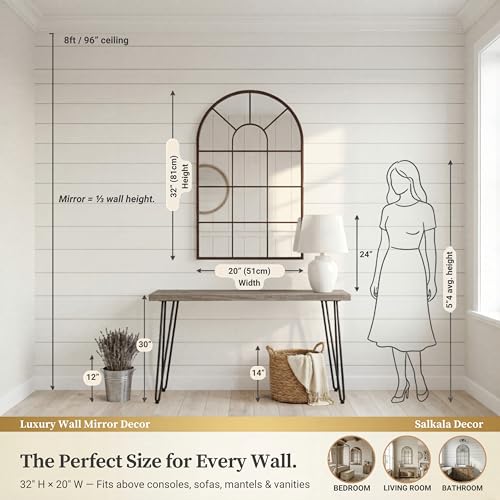 Black Arched Window Mirror 32x20 Inches - Farmhouse Wall Decor for Living Room & Entryway