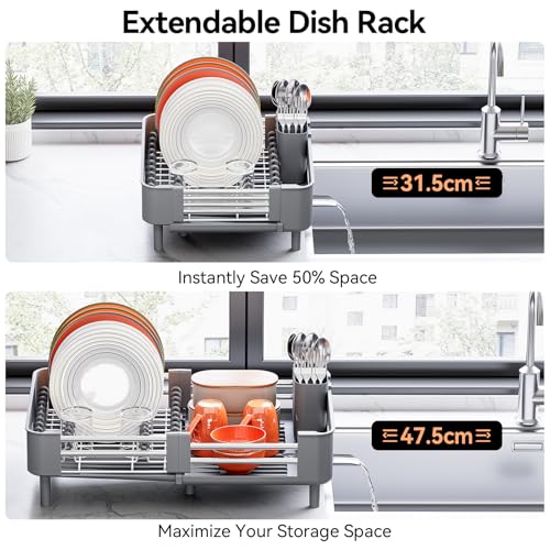 Urackify Extendable Stainless Steel Dish Drying Rack - Gray, Space-Saving Kitchen Organizer