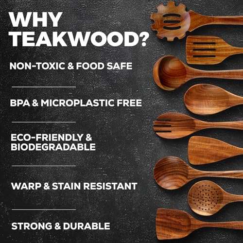 9-Piece Teak Wood Cooking Utensil Set - Non-Toxic & Non-Stick Safe Kitchen Tool Kit with Comfortable Grip - Standard Variation
