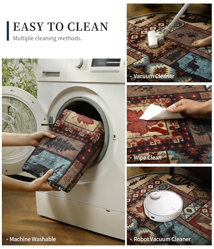 6ft Round Washable Rustic Cabin Rug - Brown Southwestern Indoor Carpet