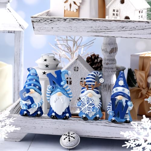 ShinyRelief 4 Pcs Resin Winter Gnome Figurines Decoration - Blue White Snow
