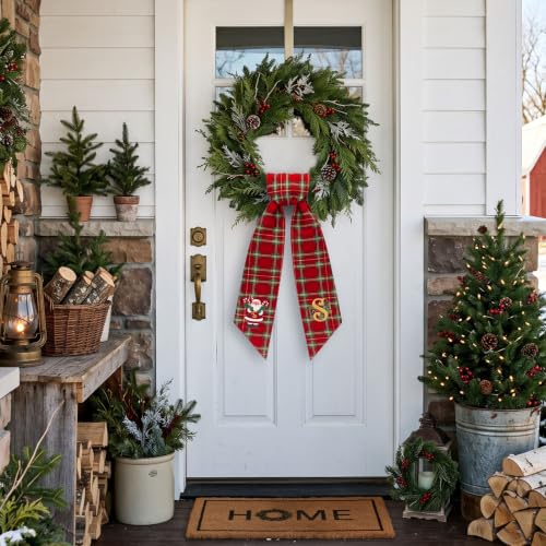 Personalized Christmas Wreath Sash with Monogram Letter S - Red Buffalo Plaid Holiday Decor