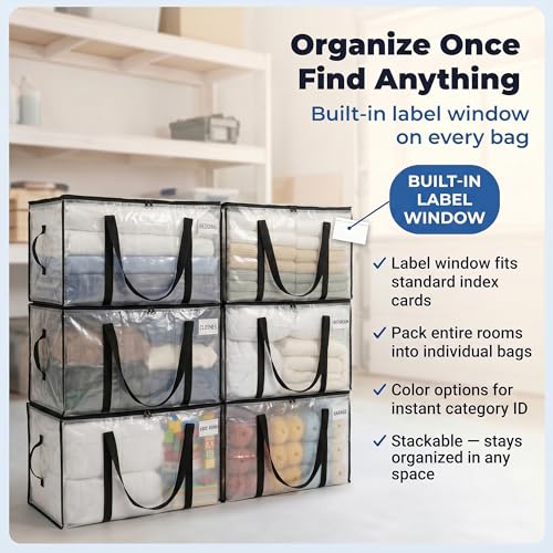 Heavy Duty Moving & Storage Bags with Lids - 12 Pack, Clear, 29" x 13" x 14" - Large Capacity, Reusable Organizers