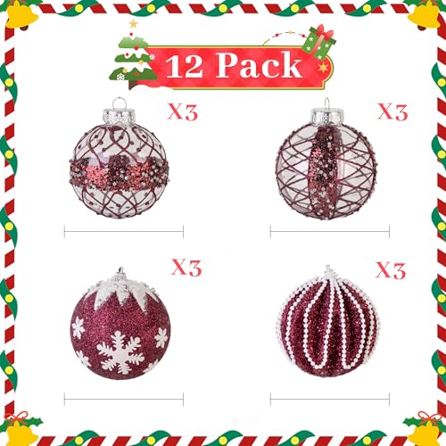 Burgundy Christmas Ornaments Set 12 pcs 3.15-inch Glitter Holiday Hanging Balls
