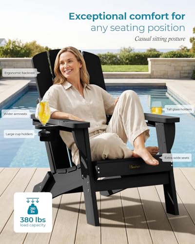 Black Folding Adirondack Chair with Cup Holders - All-Weather HDPE Outdoor Lounge Chair