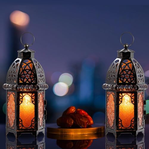 Set of 2 Amber Moroccan Lanterns 12.8'' Hanging & Tabletop Candle Holders, Vintage Copper Finish