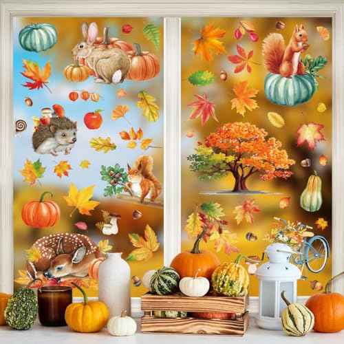 Fall Window Clings,Autumn Window Clings,Thanksgiving Decorations,9 Sheets Double-Side Pumpkin Leaves Window Stickers for Autumn Harvest Thanksgiving Home Party Shop Display Decoration