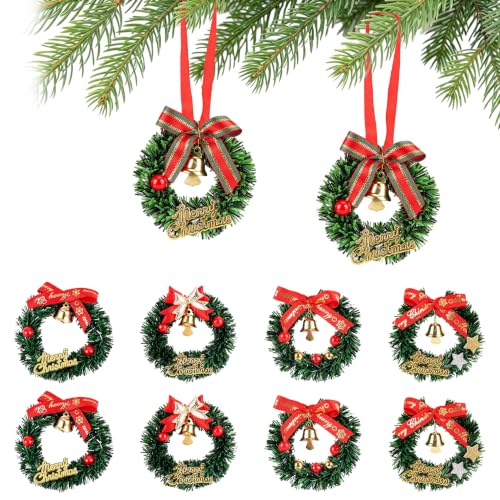 Mini Christmas Wreath Ornaments Set - 10 Pcs Dollhouse Sized Holiday Wreaths