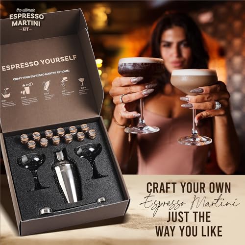 Espresso Martini Cocktail Kit with Glasses, Coffee Grounds & Mixology Tools