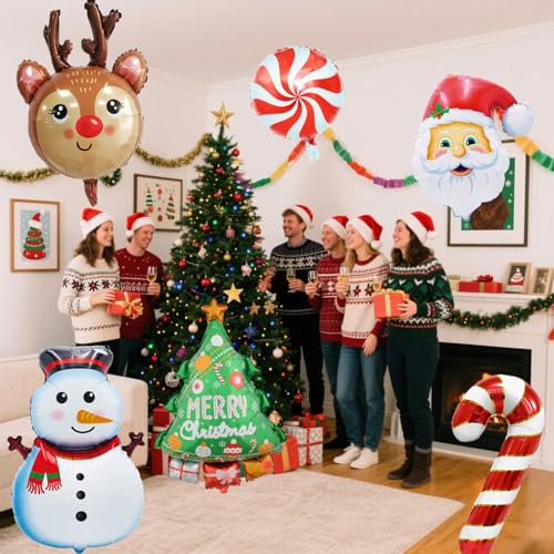 AZGRUEILK Multicolor Christmas Foil Balloons Set - Snowman Reindeer Santa Candy Cane Xmas Party Decorations, 6pcs