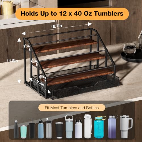 4-Tier Tumbler and Bottle Organizer Rack with Storage Basket - Natural Wood, Includes 12 Bottles
