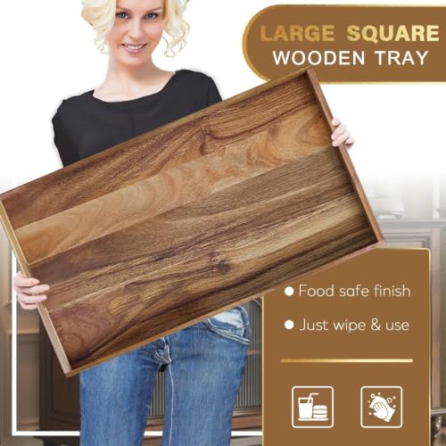 Extra Large Acacia Wood Serving Tray 32 x 18 Inches with Handles - Brown Variation
