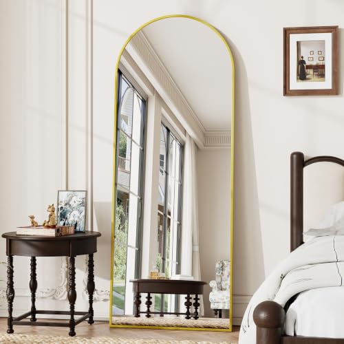 Gold Arched Full Length Floor Mirror 57x21 inch with Stand - Brushed Aluminum Frame, Shatterproof Glass, Full Body Reflection