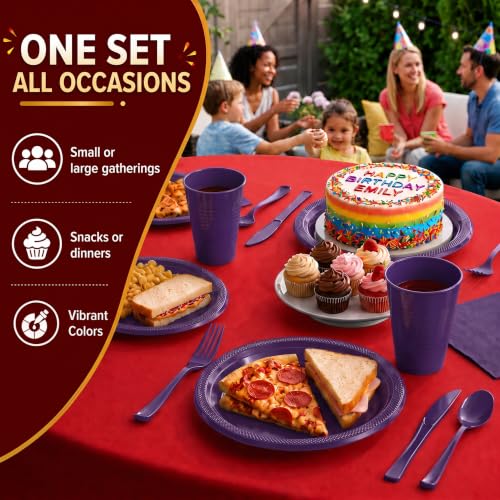 Purple Disposable Party Plates Set - 50 Dinner, 50 Appetizer & Cups with Napkins & Utensils - Variation of THIS listing