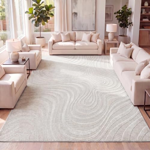 Cream/Ivory High-Low Abstract Striped Indoor Outdoor Area Rug 5'3"x7'7"