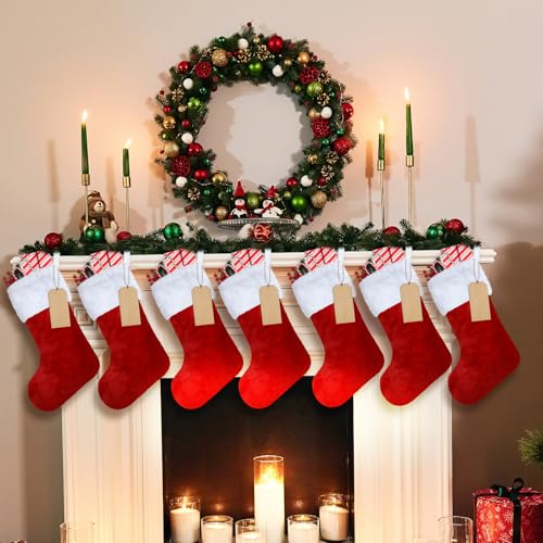 8 Set 18 Inch Red Christmas Stockings with Wood Name Tags - Plush