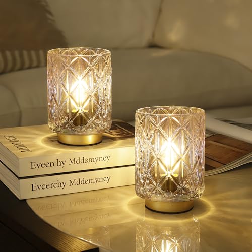 ULAROOM 2 Pack Cordless Battery Operated Table Lamps with Timer, Warm White Glass Shade for Bedroom & Decor (Grid-Clear)