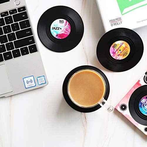 Funny Retro Record Coasters for Drinks with Vinyl Player Holder for Music Lovers,Set of 6 Conversation Piece Sayings Drink Coaster,Housewarming Hostess Wedding Registry Gift Ideas