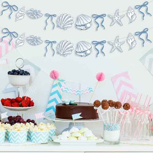 Oudain 2 Pack Blue Bow Starfish Seashell Garland 6.56 ft Blue Coastal Christmas Banner Decor Ocean Nautical Beach Christmas Ornaments Under The Sea Paper Hanging Banner for Birthday Mermaid Xmas Party