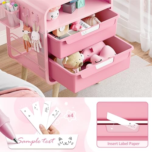 Pink Nightstand with Storage Drawers & Hanging Basket for Kids Rooms