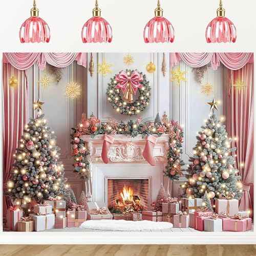 Pink Christmas Backdrop for Photography Pink Christmas Tree Fireplace Background for Winter Xmas Holiday Family Party Decoration Banner Photo Studio Props Pictures (7x5FT: 84x60 inch)