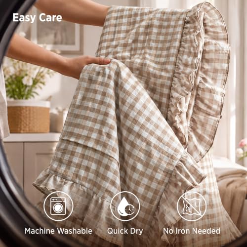 Bedsure Brown Gingham Ruffle Duvet Cover Set - Queen 90x90 Inches
